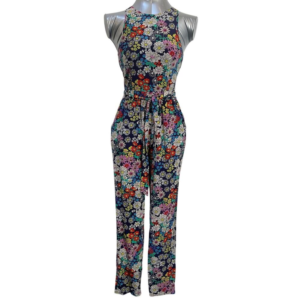 Yumi Kim Silk Floral Halter Neck Jumpsuit Navy Multicolor Women's Size XS